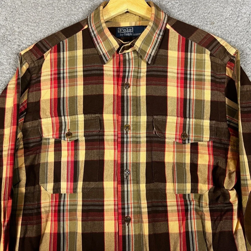 Polo Ralph Lauren Button Down Shirt Mens S Brown‎ Excellent Plaid Elbow Patches